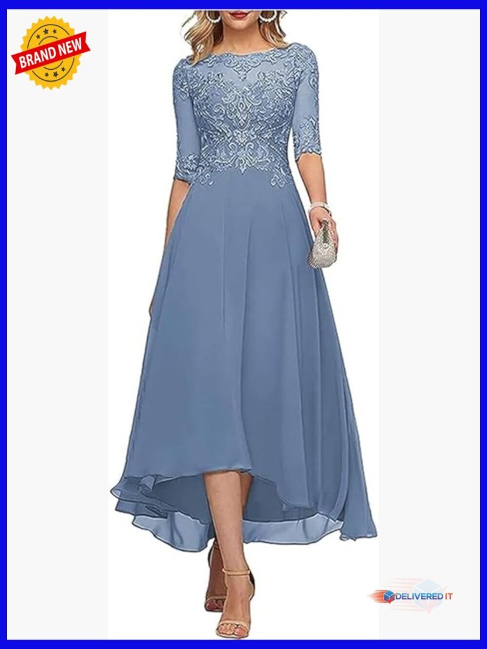 Lace Applique Boat Neck Chiffon Tea Length Formal Dress 3/4 Sleeves